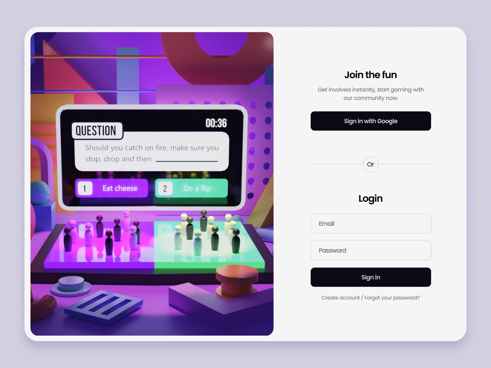 Internet Game login screen with the 3d question stage