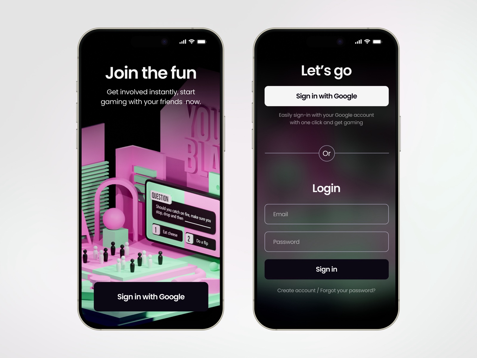 Internet Game mobile sign-in screens